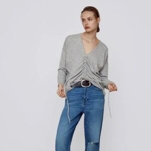 ZARA‎ Heathered Gray Cinched Sweater V Neck Pullover Cinchable Cinched Top Large